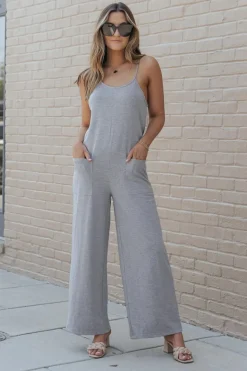 Discount Dear-Lover Patch Pockets Spaghetti Strap Wide Leg Jumpsuit Gray