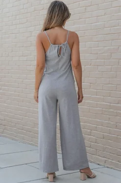 Discount Dear-Lover Patch Pockets Spaghetti Strap Wide Leg Jumpsuit Gray