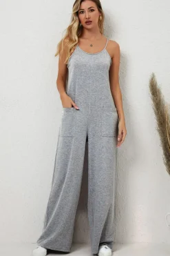 Discount Dear-Lover Patch Pockets Spaghetti Strap Wide Leg Jumpsuit Gray