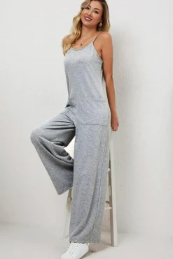 Discount Dear-Lover Patch Pockets Spaghetti Strap Wide Leg Jumpsuit Gray