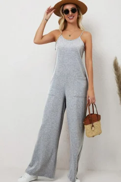 Discount Dear-Lover Patch Pockets Spaghetti Strap Wide Leg Jumpsuit Gray