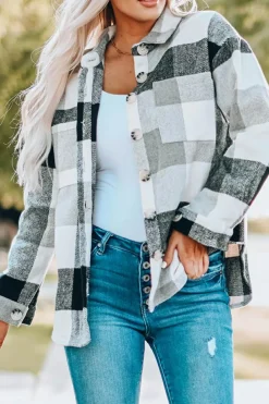 Sale Dear-Lover Plaid Color Block Buttoned Long Sleeve Jacket with Pocket Gray
