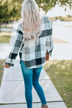 Sale Dear-Lover Plaid Color Block Buttoned Long Sleeve Jacket with Pocket Gray