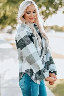 Sale Dear-Lover Plaid Color Block Buttoned Long Sleeve Jacket with Pocket Gray