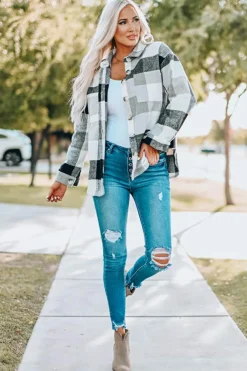 Sale Dear-Lover Plaid Color Block Buttoned Long Sleeve Jacket with Pocket Gray