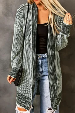 Fashion Dear-Lover Plaid Knitted Long Open Front Cardigan Gray