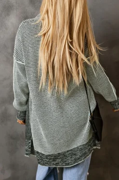 Fashion Dear-Lover Plaid Knitted Long Open Front Cardigan Gray