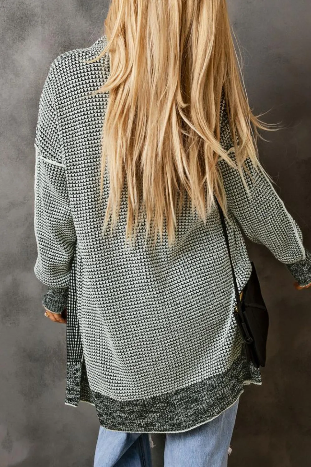 Fashion Dear-Lover Plaid Knitted Long Open Front Cardigan Gray