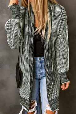 Fashion Dear-Lover Plaid Knitted Long Open Front Cardigan Gray