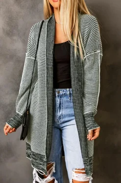 Fashion Dear-Lover Plaid Knitted Long Open Front Cardigan Gray