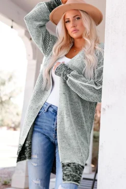 Fashion Dear-Lover Plaid Knitted Long Open Front Cardigan Gray