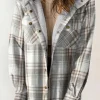 Clearance Dear-Lover Plaid Pattern Sherpa Lined Hooded Shacket Gray