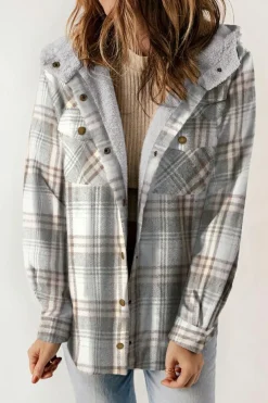 Clearance Dear-Lover Plaid Pattern Sherpa Lined Hooded Shacket Gray