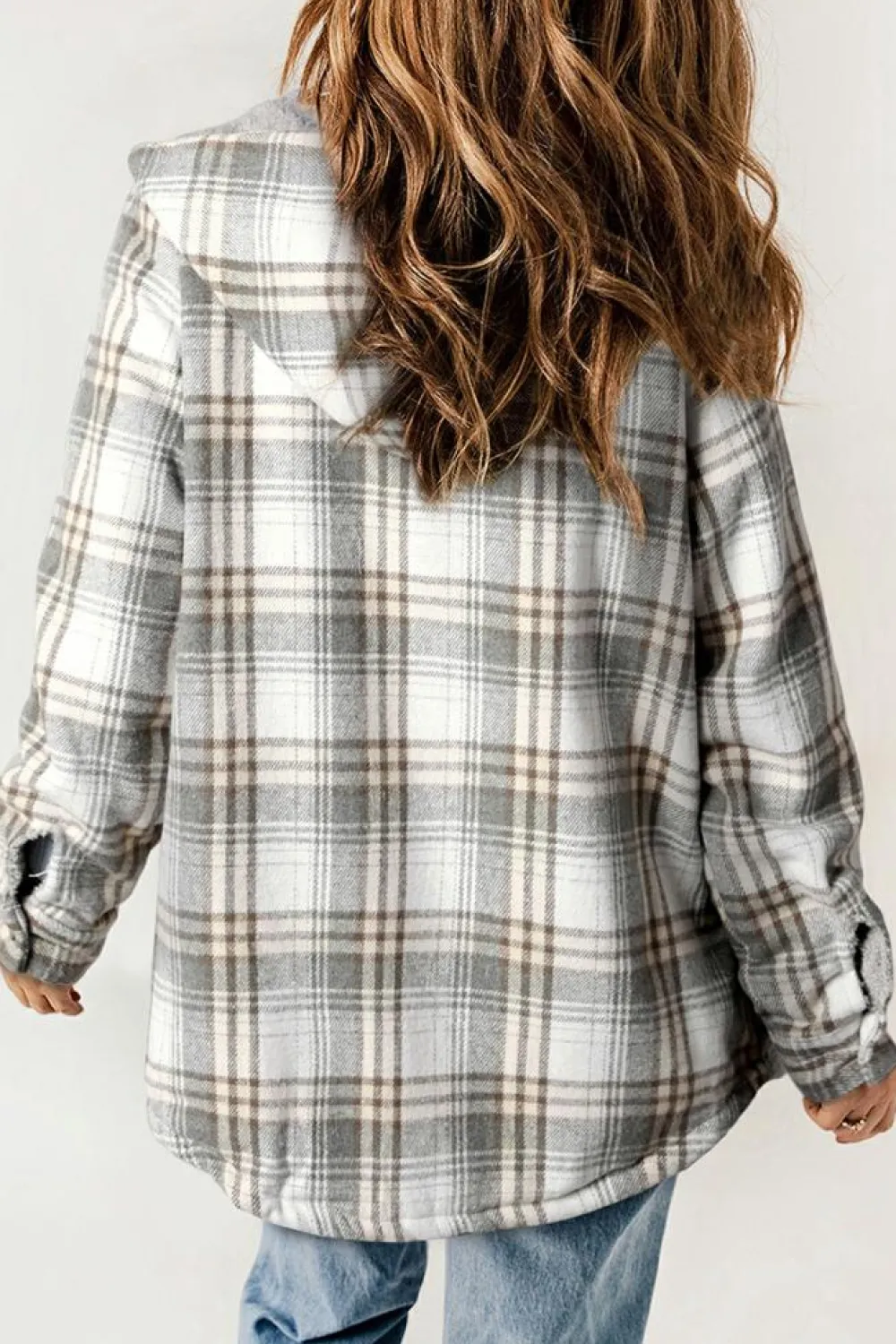 Clearance Dear-Lover Plaid Pattern Sherpa Lined Hooded Shacket Gray