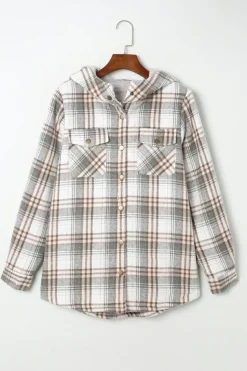 Clearance Dear-Lover Plaid Pattern Sherpa Lined Hooded Shacket Gray