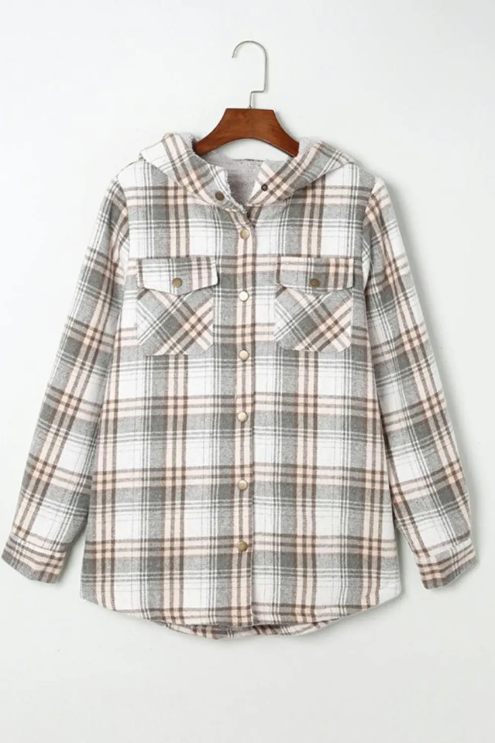 Clearance Dear-Lover Plaid Pattern Sherpa Lined Hooded Shacket Gray