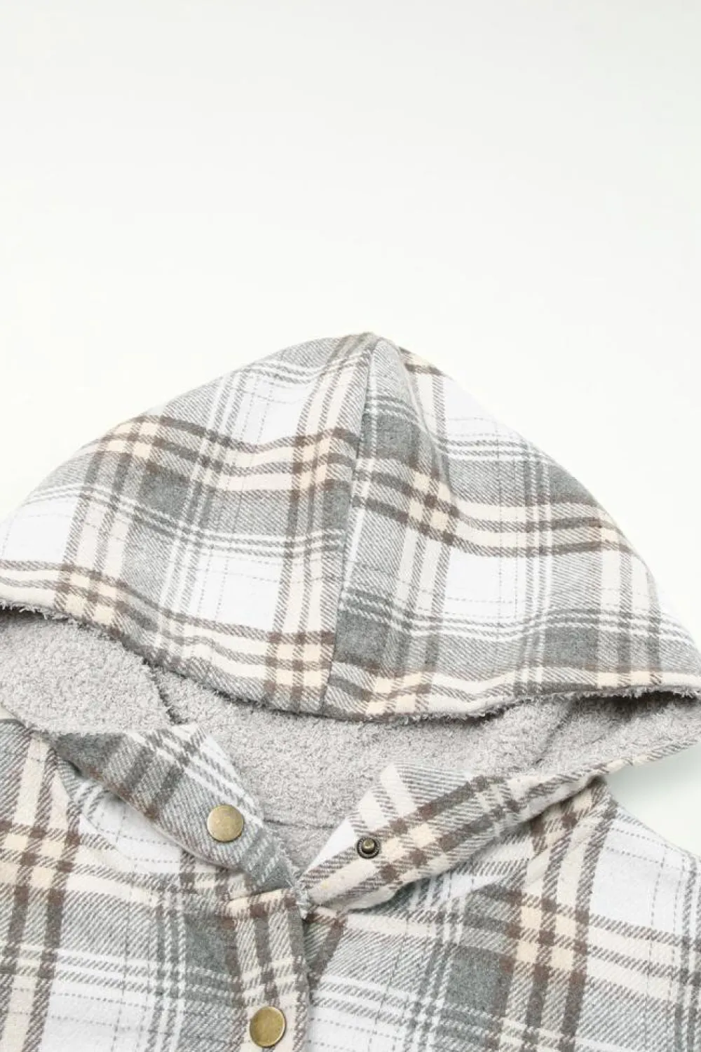 Clearance Dear-Lover Plaid Pattern Sherpa Lined Hooded Shacket Gray
