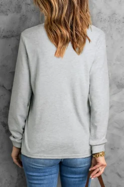 Fashion Dear-Lover Plain Crew Neck Long Sleeve Top Gray