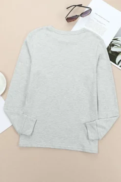 Fashion Dear-Lover Plain Crew Neck Long Sleeve Top Gray