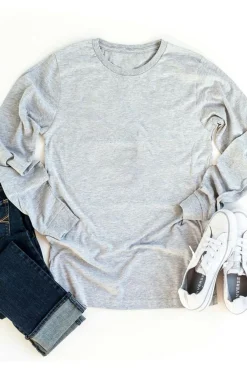 Fashion Dear-Lover Plain Crew Neck Long Sleeve Top Gray