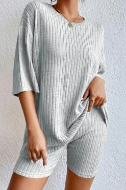 New Dear-Lover Plain Ribbed Loose Fit Two Piece Lounge Set Gray