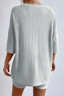 New Dear-Lover Plain Ribbed Loose Fit Two Piece Lounge Set Gray