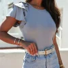 Hot Dear-Lover Plain Tiered Ruffled Short Sleeve T Shirt Gray