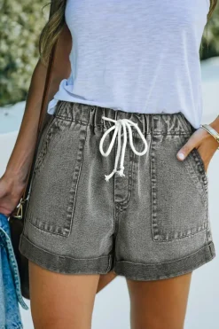 Outlet Dear-Lover Pocketed Drawstring High Waist Denim Shorts Gray