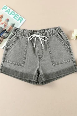 Outlet Dear-Lover Pocketed Drawstring High Waist Denim Shorts Gray