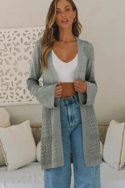 Clearance Dear-Lover Pointelle Knit Open Front Cardigan Gray