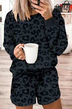 Fashion Dear-Lover Leopard Long Sleeve Satin Tie Shorts Two Piece Set Gray Printed