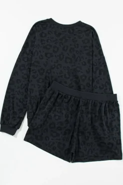 Fashion Dear-Lover Leopard Long Sleeve Satin Tie Shorts Two Piece Set Gray Printed