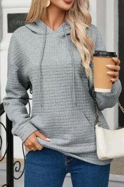 Outlet Dear-Lover Quilted Kangaroo Pocket Drawstring Hoodie Gray