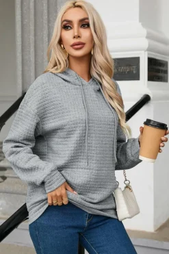 Outlet Dear-Lover Quilted Kangaroo Pocket Drawstring Hoodie Gray