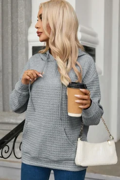 Outlet Dear-Lover Quilted Kangaroo Pocket Drawstring Hoodie Gray