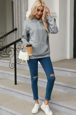 Outlet Dear-Lover Quilted Kangaroo Pocket Drawstring Hoodie Gray