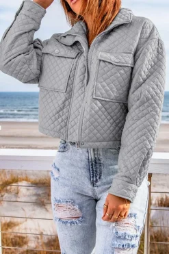Sale Dear-Lover Quilted Pocketed Zip-up Cropped Jacket Gray