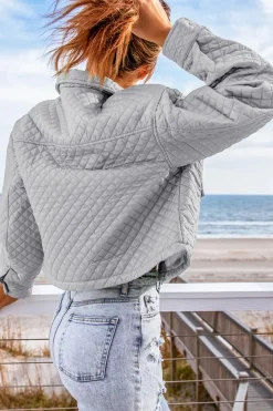 Sale Dear-Lover Quilted Pocketed Zip-up Cropped Jacket Gray