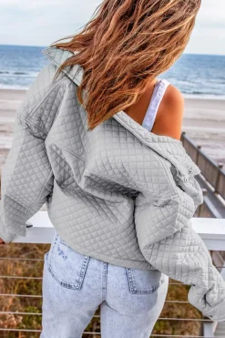 Sale Dear-Lover Quilted Pocketed Zip-up Cropped Jacket Gray