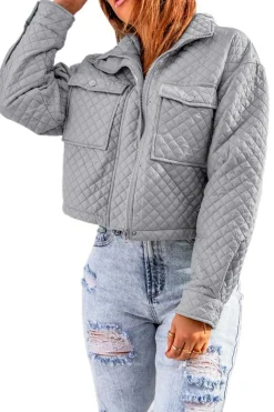 Sale Dear-Lover Quilted Pocketed Zip-up Cropped Jacket Gray