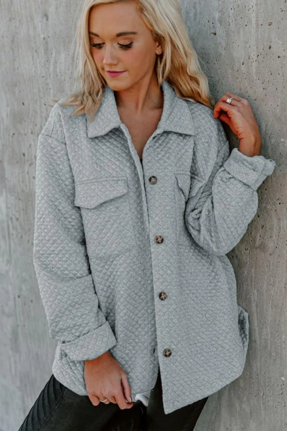 Online Dear-Lover Retro Quilted Flap Pocket Button Shacket Gray