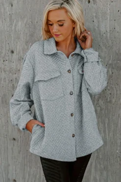 Online Dear-Lover Retro Quilted Flap Pocket Button Shacket Gray