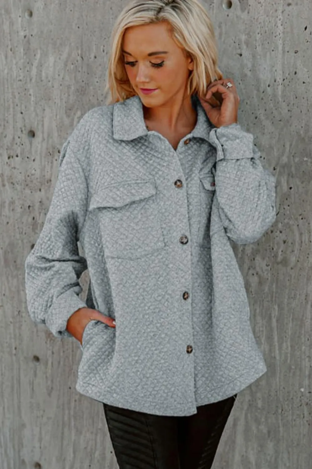 Online Dear-Lover Retro Quilted Flap Pocket Button Shacket Gray