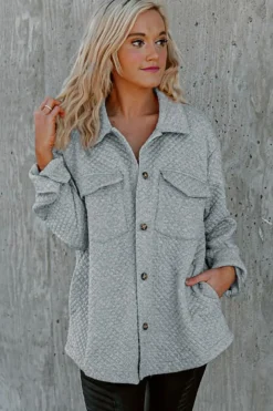 Online Dear-Lover Retro Quilted Flap Pocket Button Shacket Gray