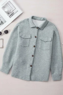 Online Dear-Lover Retro Quilted Flap Pocket Button Shacket Gray