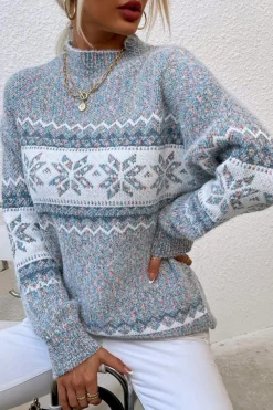 Hot Dear-Lover Retro Snowflake Pattern Mock Neck Fuzzy Sweater Gray