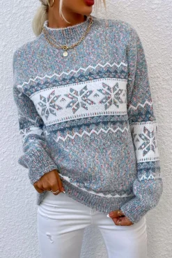 Hot Dear-Lover Retro Snowflake Pattern Mock Neck Fuzzy Sweater Gray