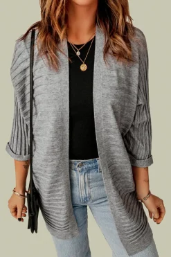 Online Dear-Lover Ribbed Open Front Knit Cardigan Gray