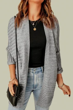 Online Dear-Lover Ribbed Open Front Knit Cardigan Gray