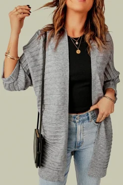 Online Dear-Lover Ribbed Open Front Knit Cardigan Gray